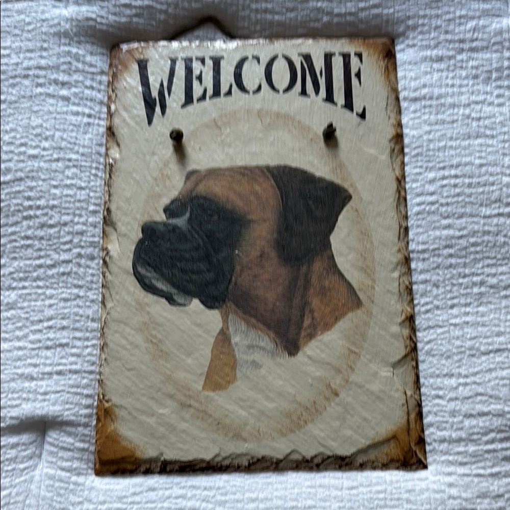 Welcome Sign | Painted Slate with Boxer Dog Illustration | Indoor/Outdoor